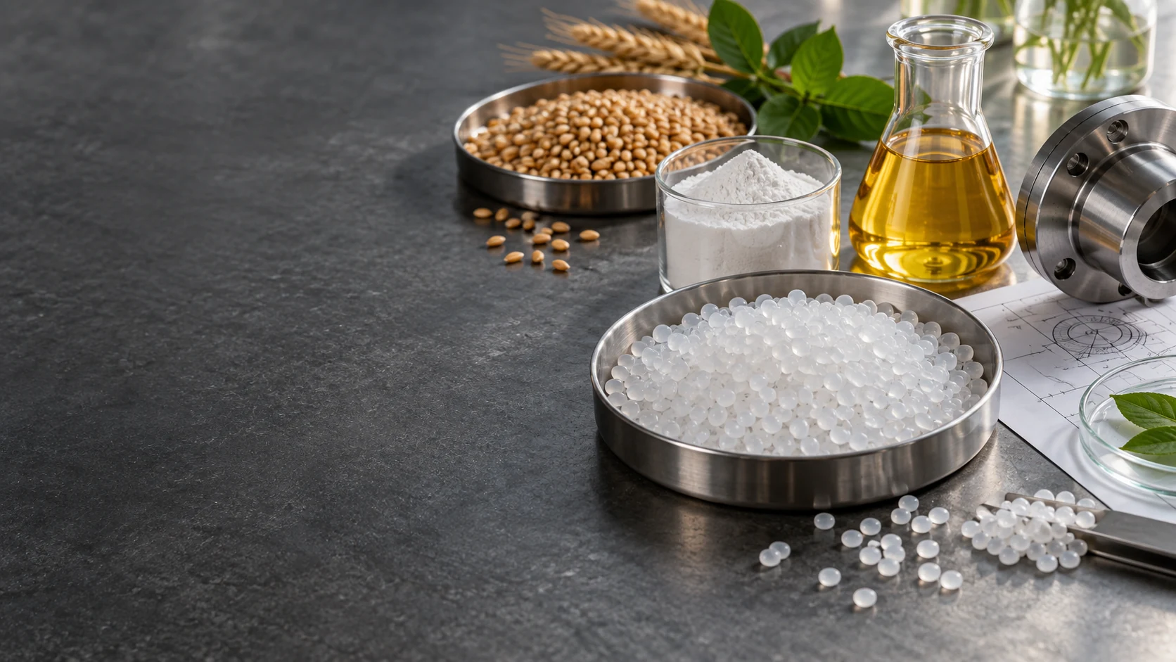 Illustrative polymer granules, personal care ingredients, grain and precision engineering component