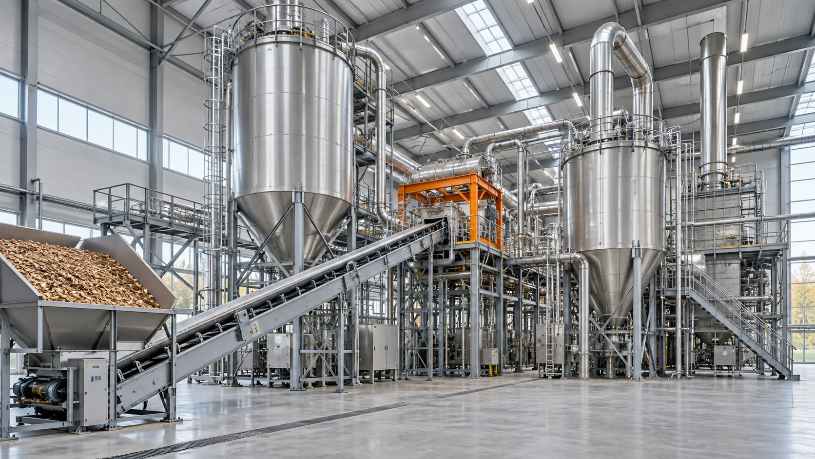 Illustrative integrated biomass processing plant with vessels and conveyors