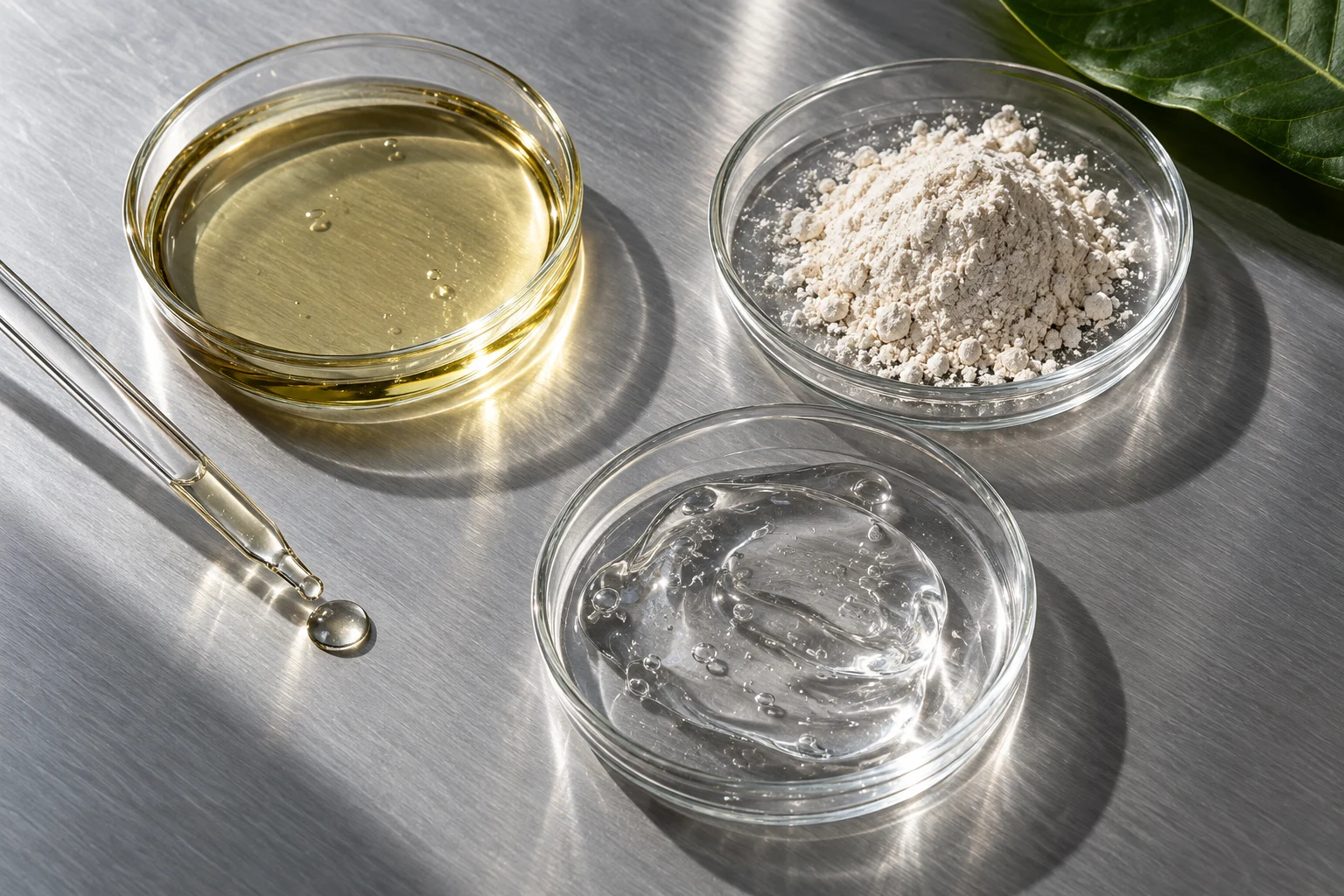 Cosmetic oil, powder and gel samples