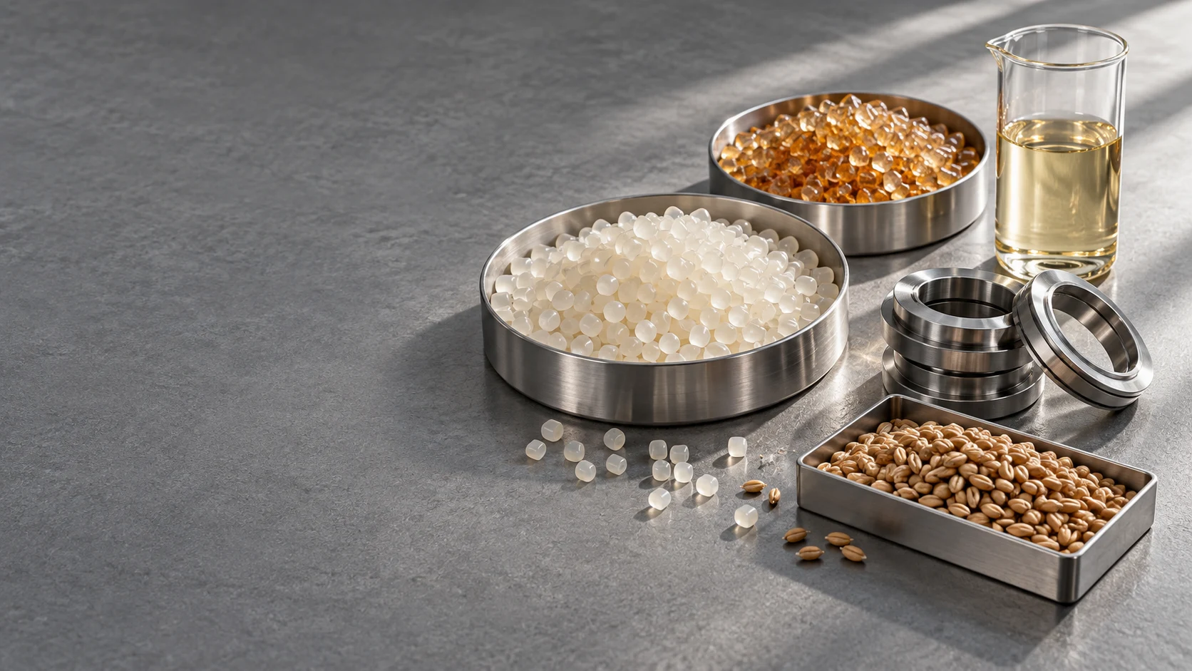 Polymer resins, cosmetic oil, grain and precision steel components